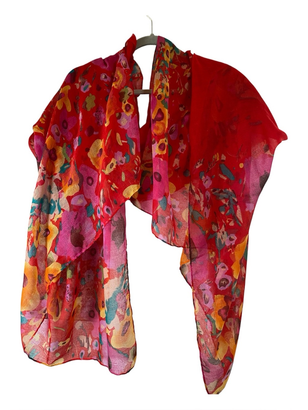 Generous Sized Red Floral‎ Gauze Scarf